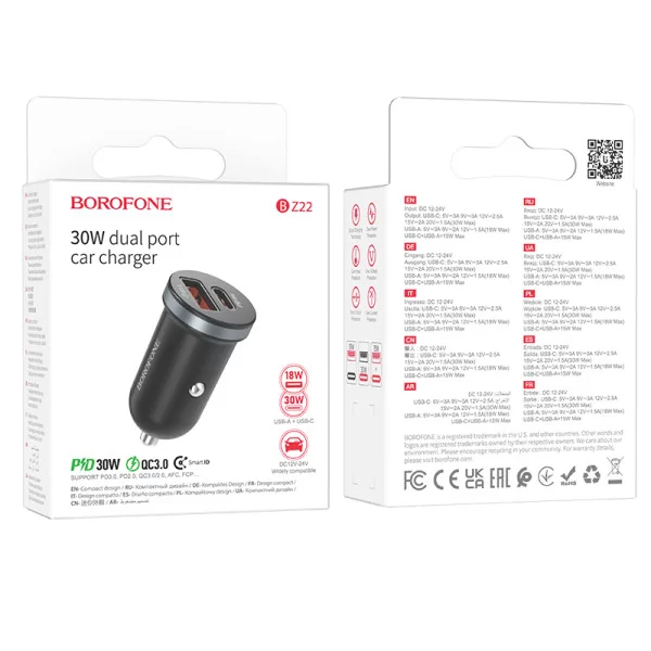 Авто зарядка Borofone BZ22 Scenery dual port PD30W+QC3.0 [Black]